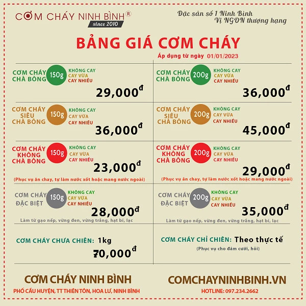 Bảng Giá Cơm Cháy Ninh Bình 2024