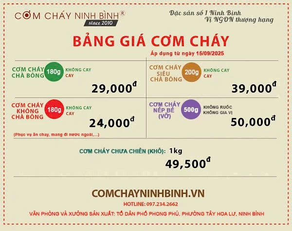 Bảng giá cơm cháy Ninh Bình