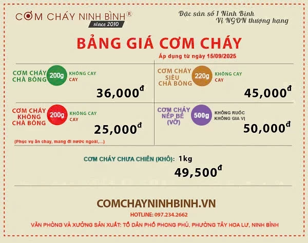 Bảng Giá Cơm Cháy Ninh Bình 2025