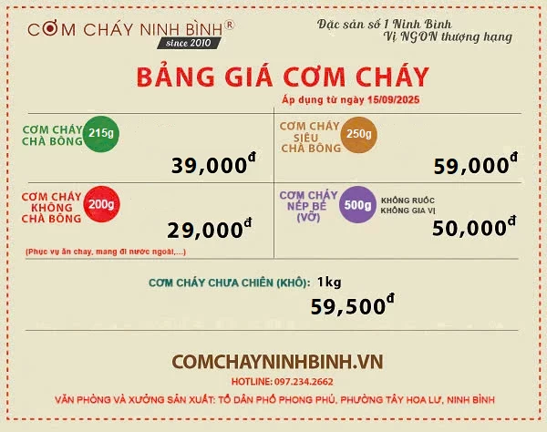 Bảng Giá Cơm Cháy Ninh Bình 2026