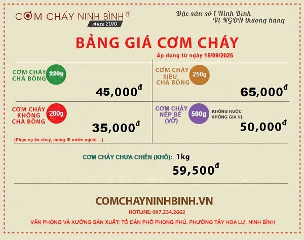 Bảng Giá Cơm Cháy Ninh Bình 2026